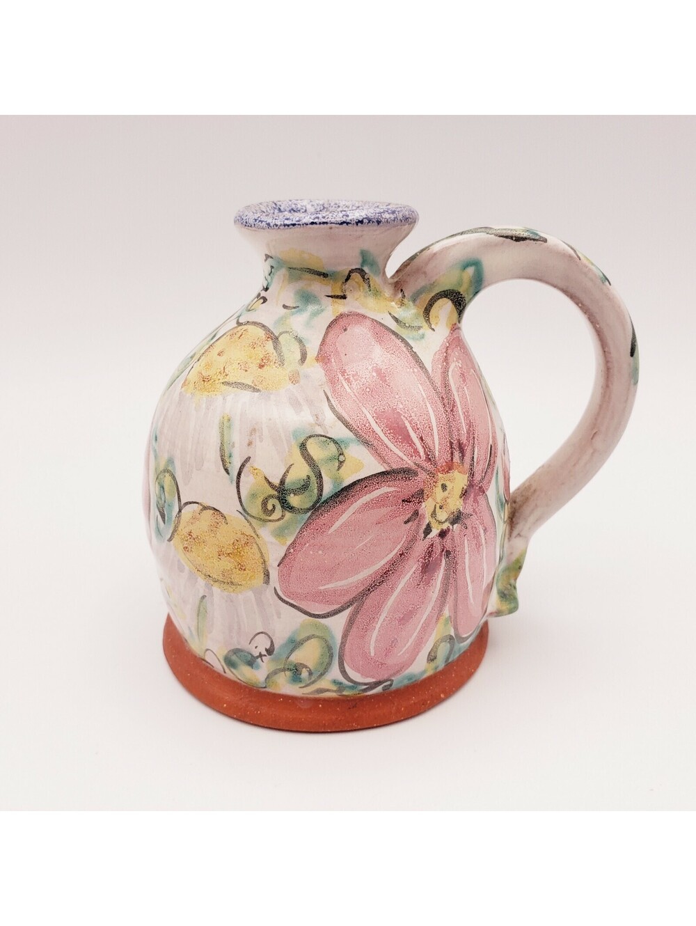 Art Pottery Jug Hand Painted Artist Signed TEKA Flowers Pink Yellow Green Vase